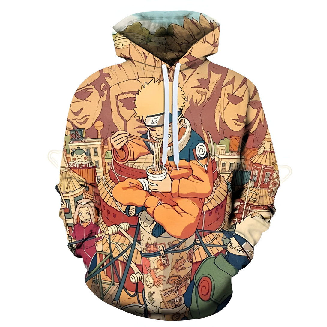 Sweat à capuche Naruto avec un imprimé représentant Naruto mangeant des ramen. Le sweat-shirt est de couleur beige et comporte des détails jaunes, orange, verts et bleus. Il est idéal pour les fans de Naruto.
