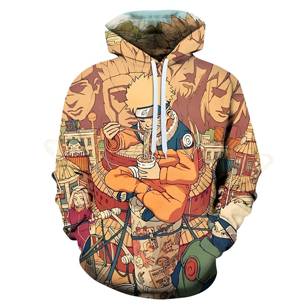 Sweat à capuche Naruto avec un imprimé représentant Naruto mangeant des ramen. Le sweat-shirt est de couleur beige et comporte des détails jaunes, orange, verts et bleus. Il est idéal pour les fans de Naruto.
