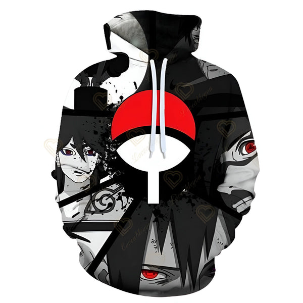 Sweat à capuche Naruto avec l'emblème de l'Akatsuki, un groupe de ninjas de l'univers de Naruto, sur fond noir et blanc. Le motif comprend des images des personnages principaux de l'anime.