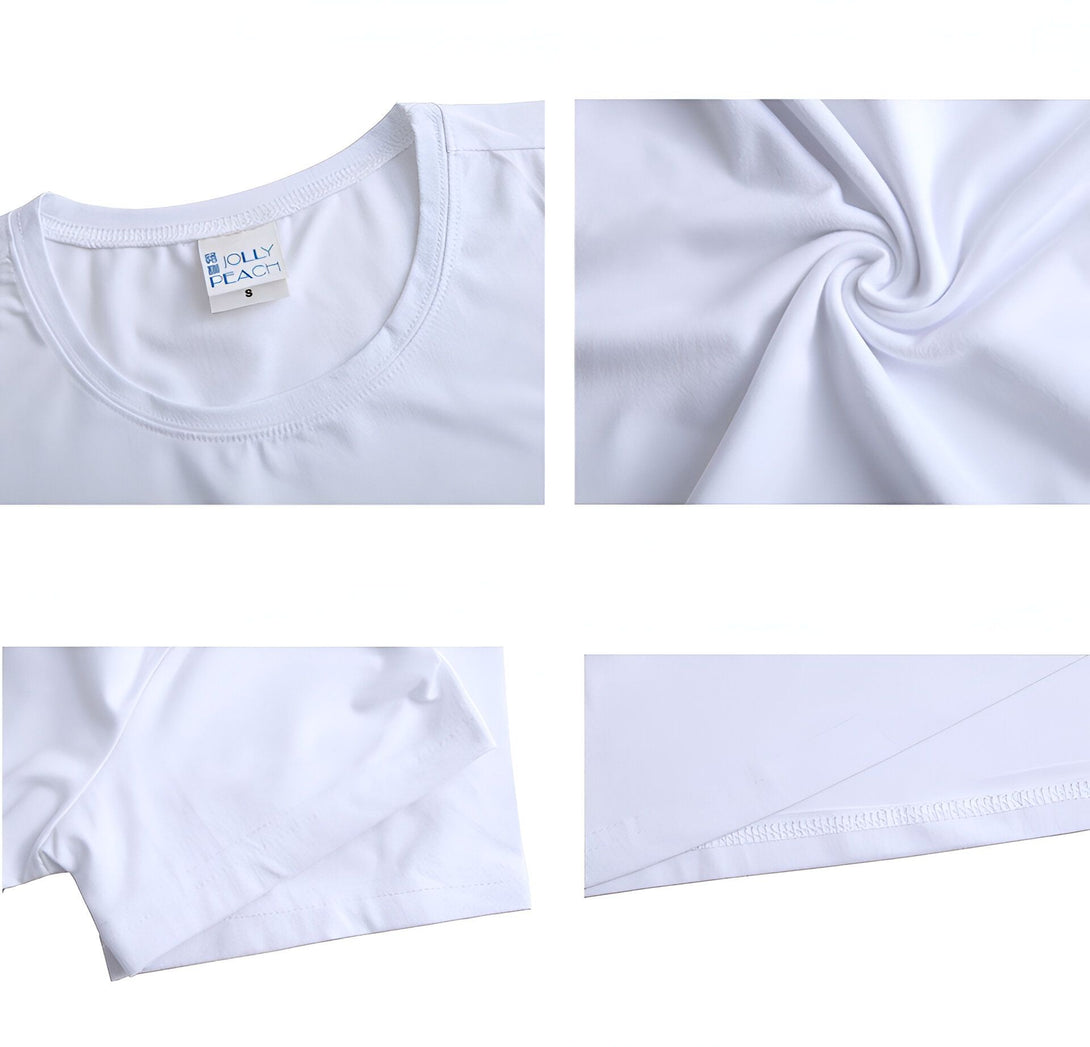 Détails d'un t-shirt blanc de haute qualité, montrant le col rond, la texture du tissu, l'ourlet du col et l'ourlet du bas. Idéal pour les fans de Naruto !