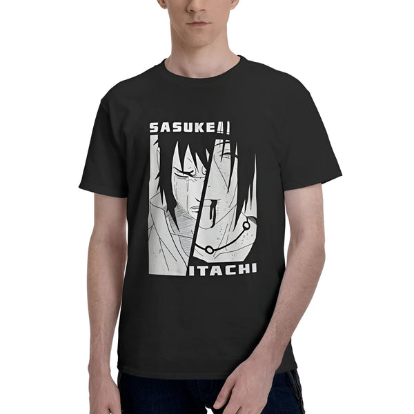 Un t-shirt noir avec un dessin de Sasuke et Itachi de Naruto, les personnages sont en blanc et noir.