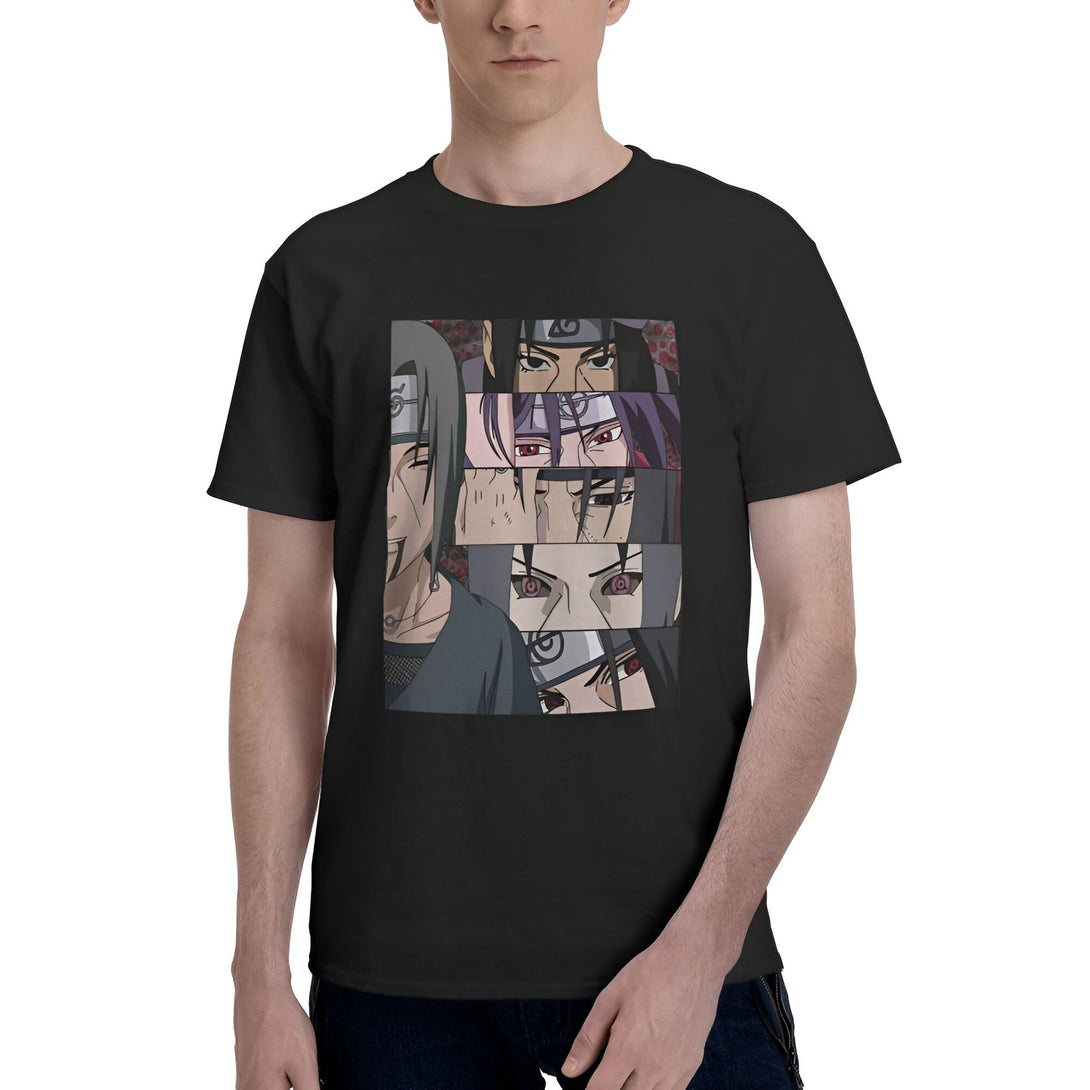Un homme porte un t-shirt noir avec un imprimé de différents personnages de l'anime Naruto, dont Madara Uchiwa. Le design montre les visages des personnages, notamment leurs yeux, dans un style collage.  C'est un excellent choix pour les fans de Naruto qui veulent montrer leur amour pour l'anime.