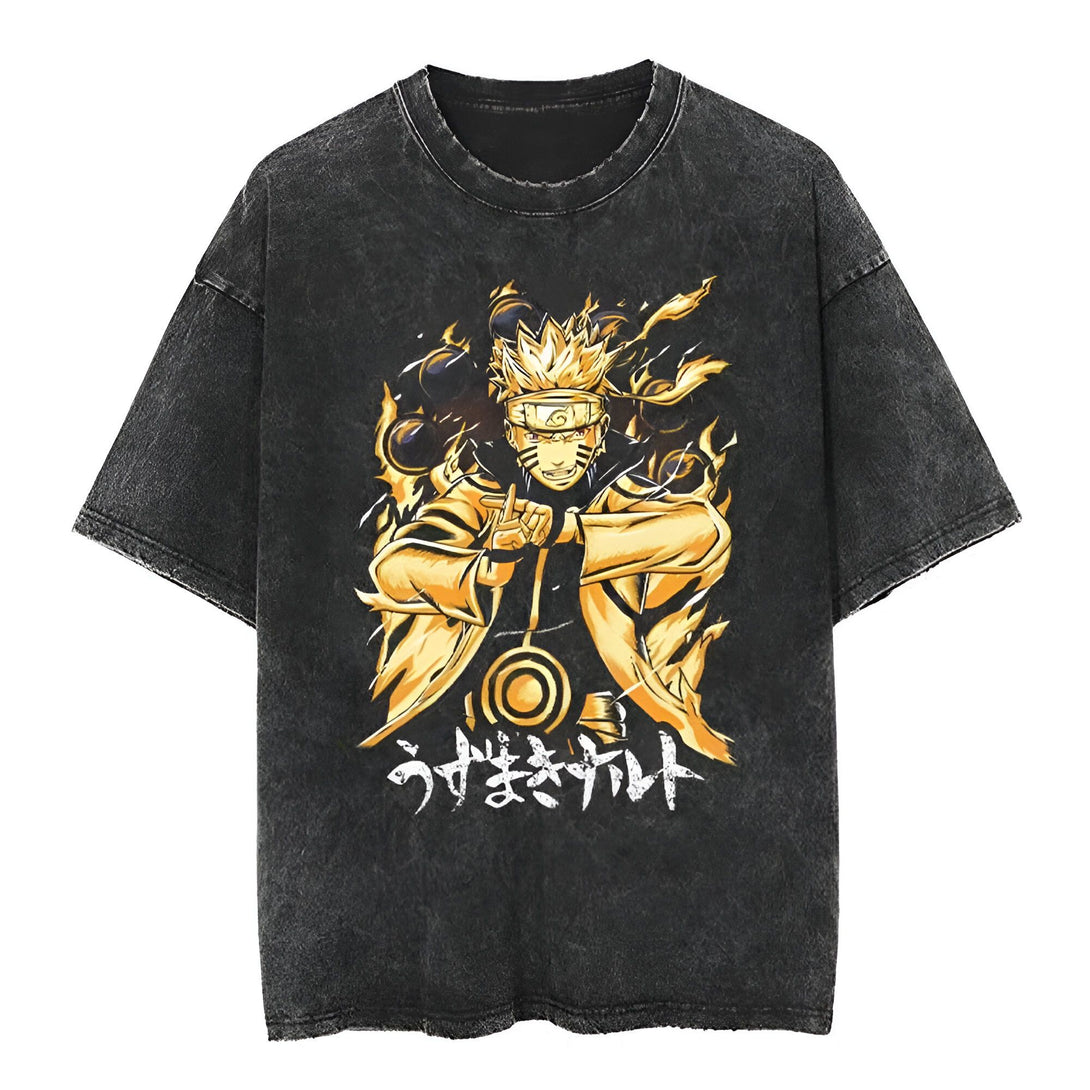 T-shirt noir délavé avec un imprimé de Naruto en mode Kyûbi, avec le symbole du chakra et l'inscription "Ojama Style" en japonais.