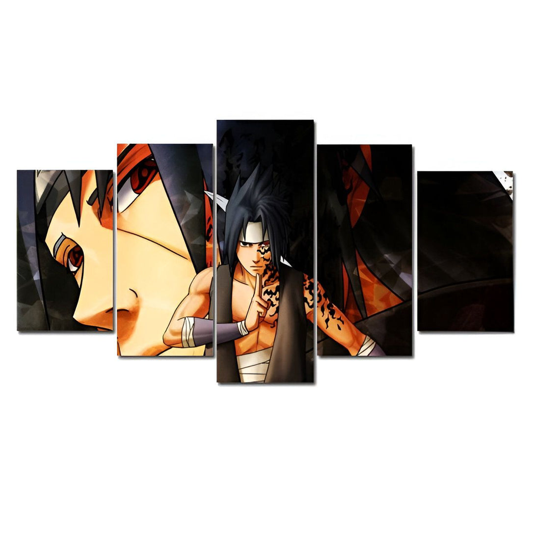 Toile d'art divisée en cinq parties représentant le personnage de Sasuke Uchiha de l'anime Naruto avec le Sharingan.  Les couleurs vives et les détails précis du personnage donnent vie à la toile.