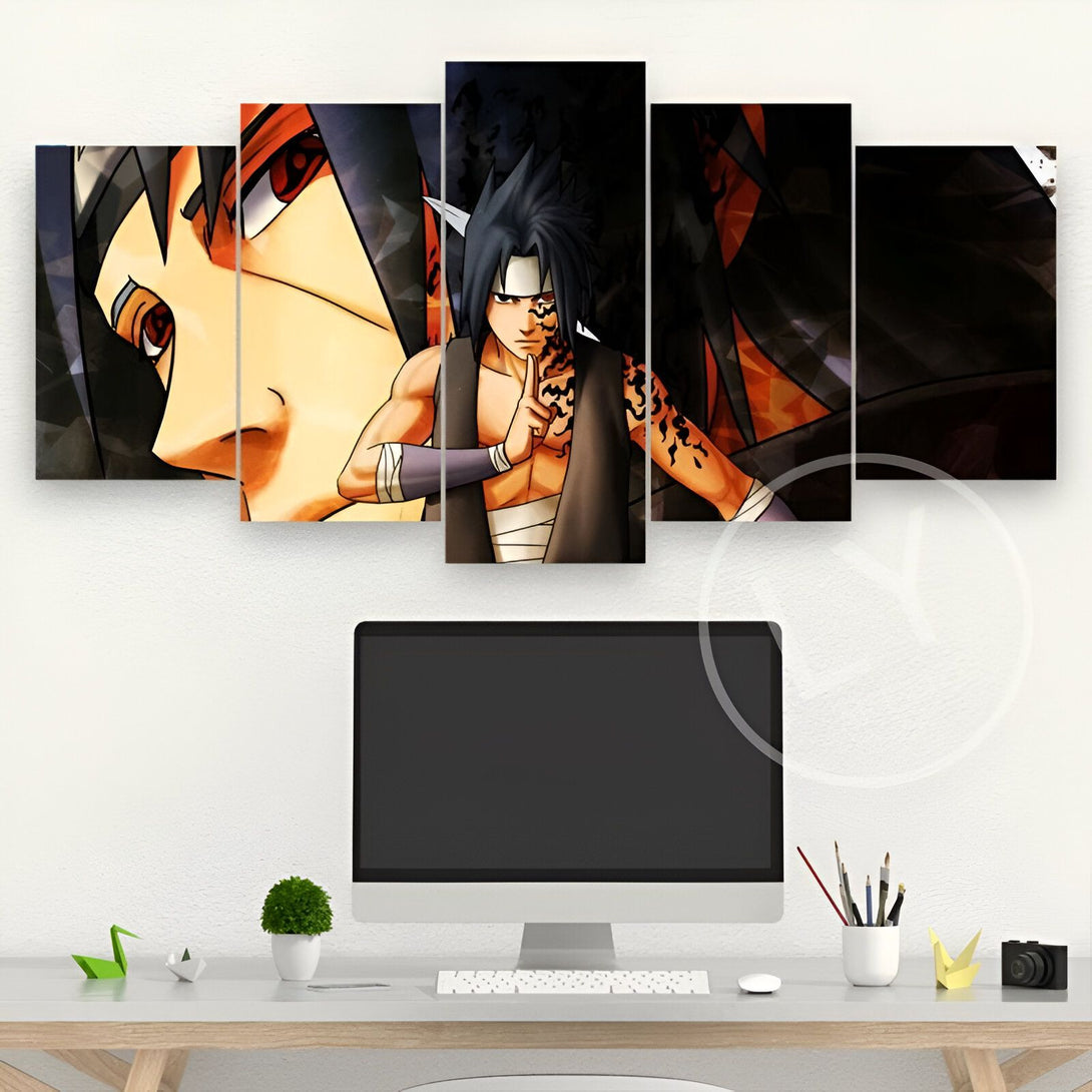 Toile imprimée en 5 parties représentant le personnage de Naruto Uzumaki avec le Sharingan activé. Un excellent ajout à la décoration de toute pièce pour les fans de Naruto.