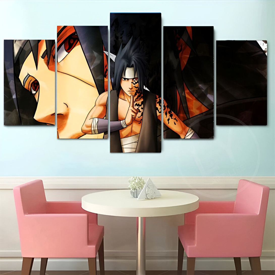 Tableau de cinq panneaux représentant Sasuke Uchiha du manga Naruto. Il est en mode Rinnegan, avec son Sharingan rouge. La peinture est réalisée sur toile.