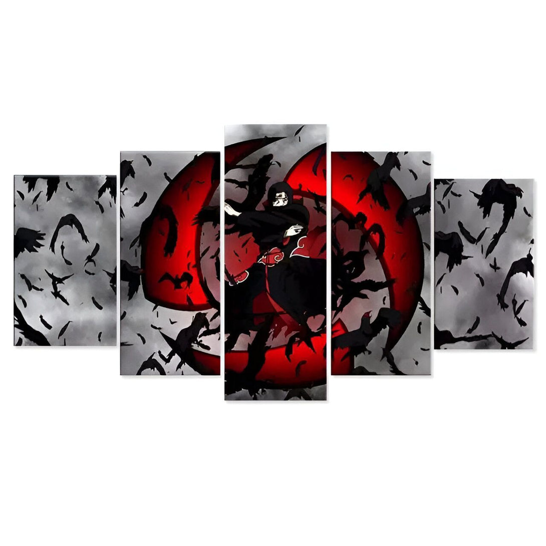 Toile de peinture sur toile en 5 parties représentant Itachi Uchiha, un personnage populaire de l'anime Naruto, tenant son Sharingan avec des corbeaux qui l'entourent.