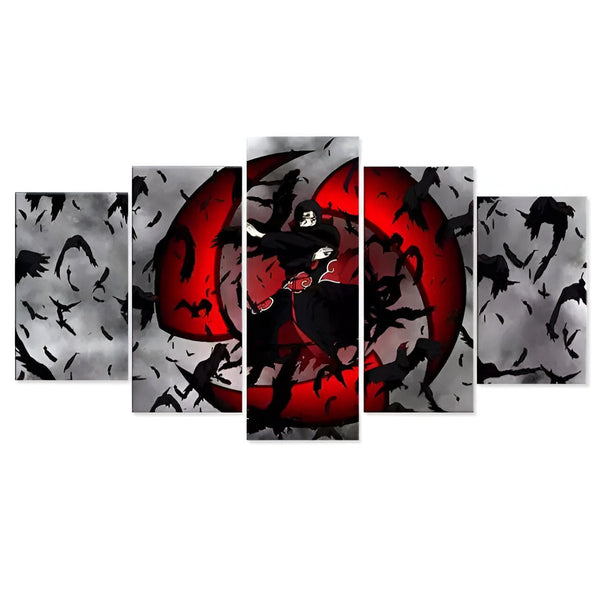 Toile de peinture sur toile en 5 parties représentant Itachi Uchiha, un personnage populaire de l'anime Naruto, tenant son Sharingan avec des corbeaux qui l'entourent.