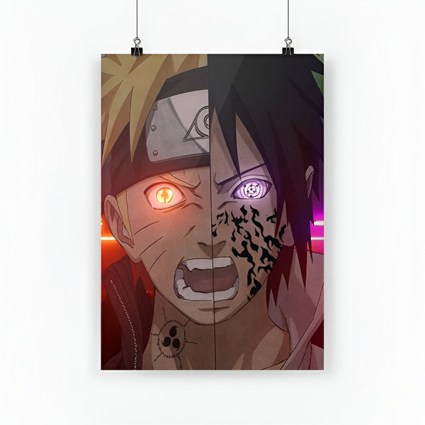Naruto Uzumaki et Sasuke Uchiha, deux personnages emblématiques de l'anime Naruto, fusionnés en une seule image puissante et pleine de tension. L'œil de Sharingan de Sasuke et le Rinnegan contrastent fortement avec le Byakugan de Naruto, créant une dynamique visuelle frappante.