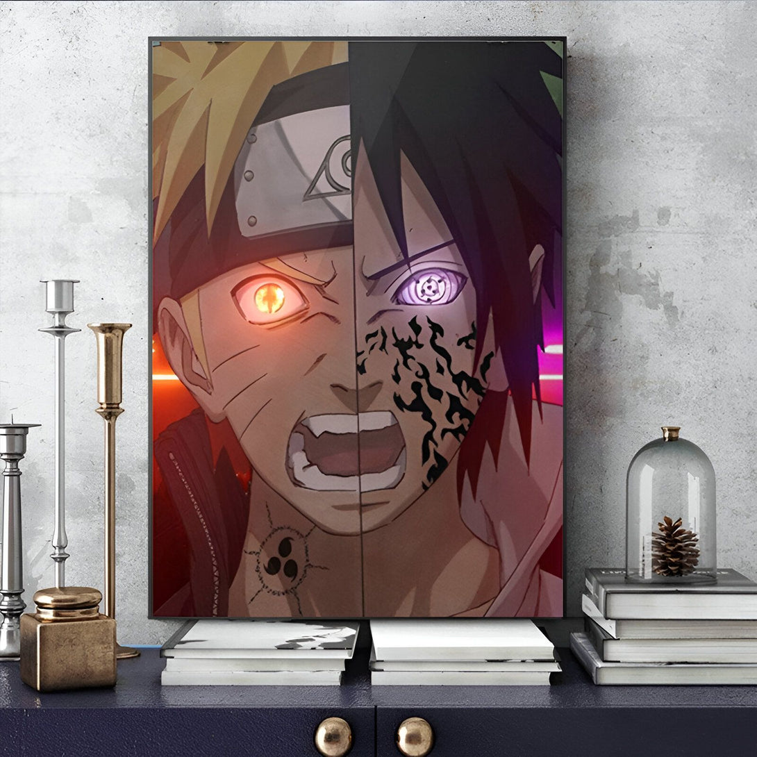 Naruto et Sasuke, deux personnages emblématiques de l'anime Naruto, représentés avec leurs yeux Sharingan et Rinnegan, leurs traits distinctifs. L'illustration met en valeur le contraste saisissant entre les deux protagonistes.
