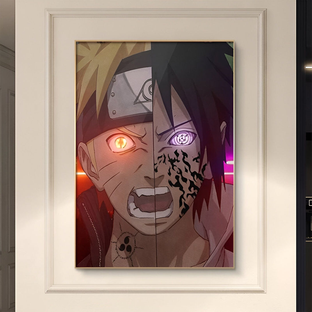 Naruto Uzumaki et Sasuke Uchiha, deux des personnages principaux de l'anime Naruto, avec leurs Sharingan et Rinnegan. Cette affiche est un excellent ajout à toute collection de fans de Naruto.