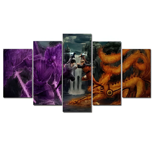Impression sur toile divisée en 5 parties représentant un combat intense entre Naruto et Sasuke. Naruto, en mode Kurama, est en train de se battre contre Sasuke, qui a activé le Rinnegan et le Susano'o. L'image est pleine de détails et d'action, ce qui en fait une œuvre d'art idéale pour les fans de Naruto.