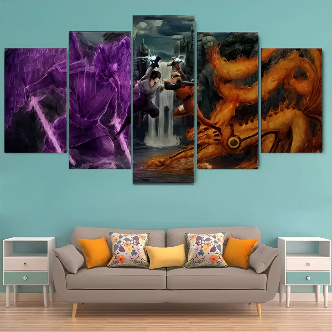 Toile de peinture Naruto, montrant un combat entre Sasuke et Naruto, Sasuke utilisant son Susanoo et Naruto utilisant son Kurama, le démon renard à neuf queues.