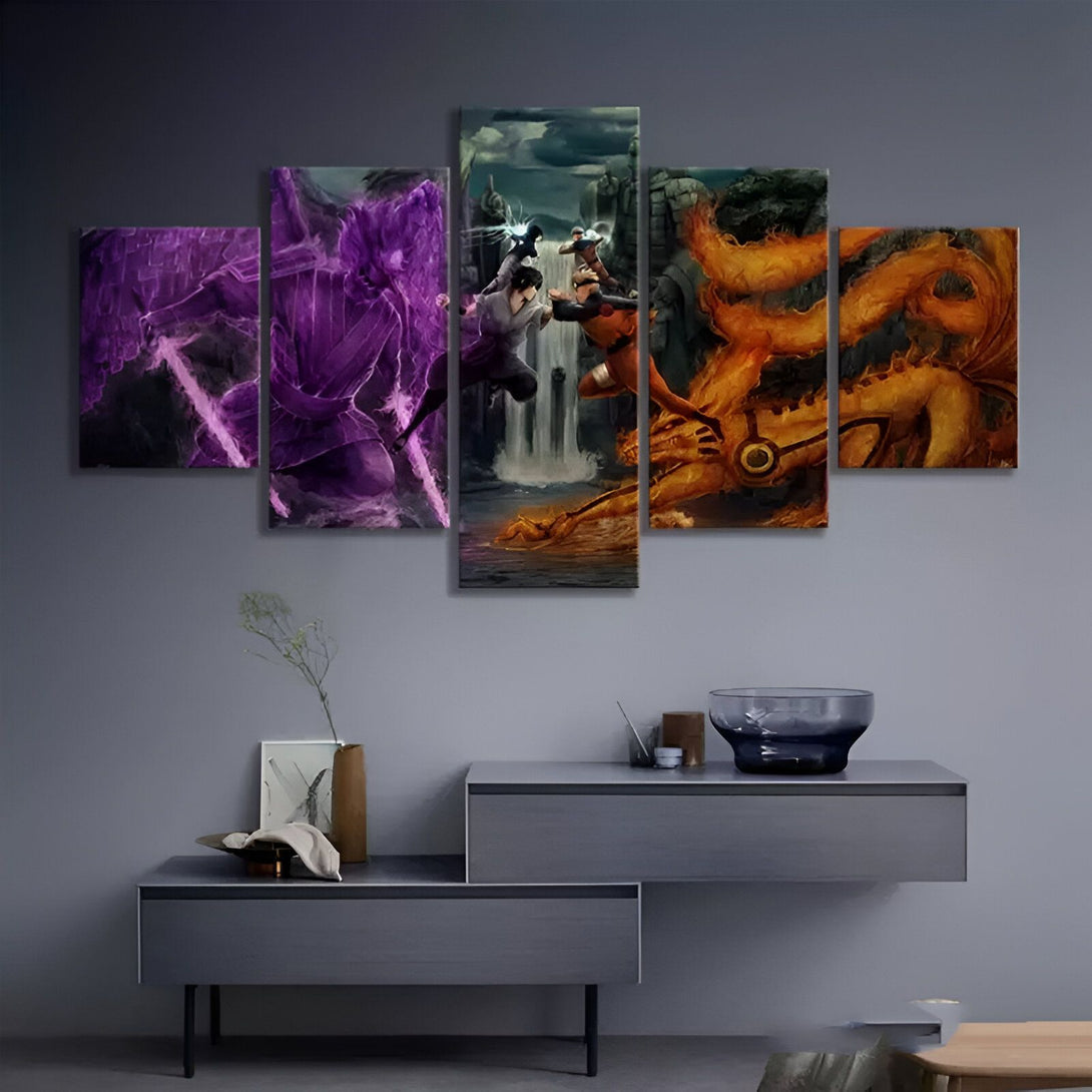 Tableau de peinture à 5 panneaux représentant des personnages de l'anime Naruto. On peut voir Sasuke, Naruto et leurs invocations : Susanoo et Kurama. Le fond représente un paysage avec une cascade.