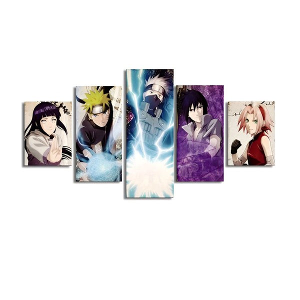 Tableau de cinq panneaux représentant les personnages principaux de Naruto : Naruto Uzumaki, Sasuke Uchiha, Sakura Haruno, Kakashi Hatake et Hinata Hyuga.  Les personnages sont représentés dans des poses dynamiques, prêts à se battre. La toile est parfaite pour les fans de Naruto.