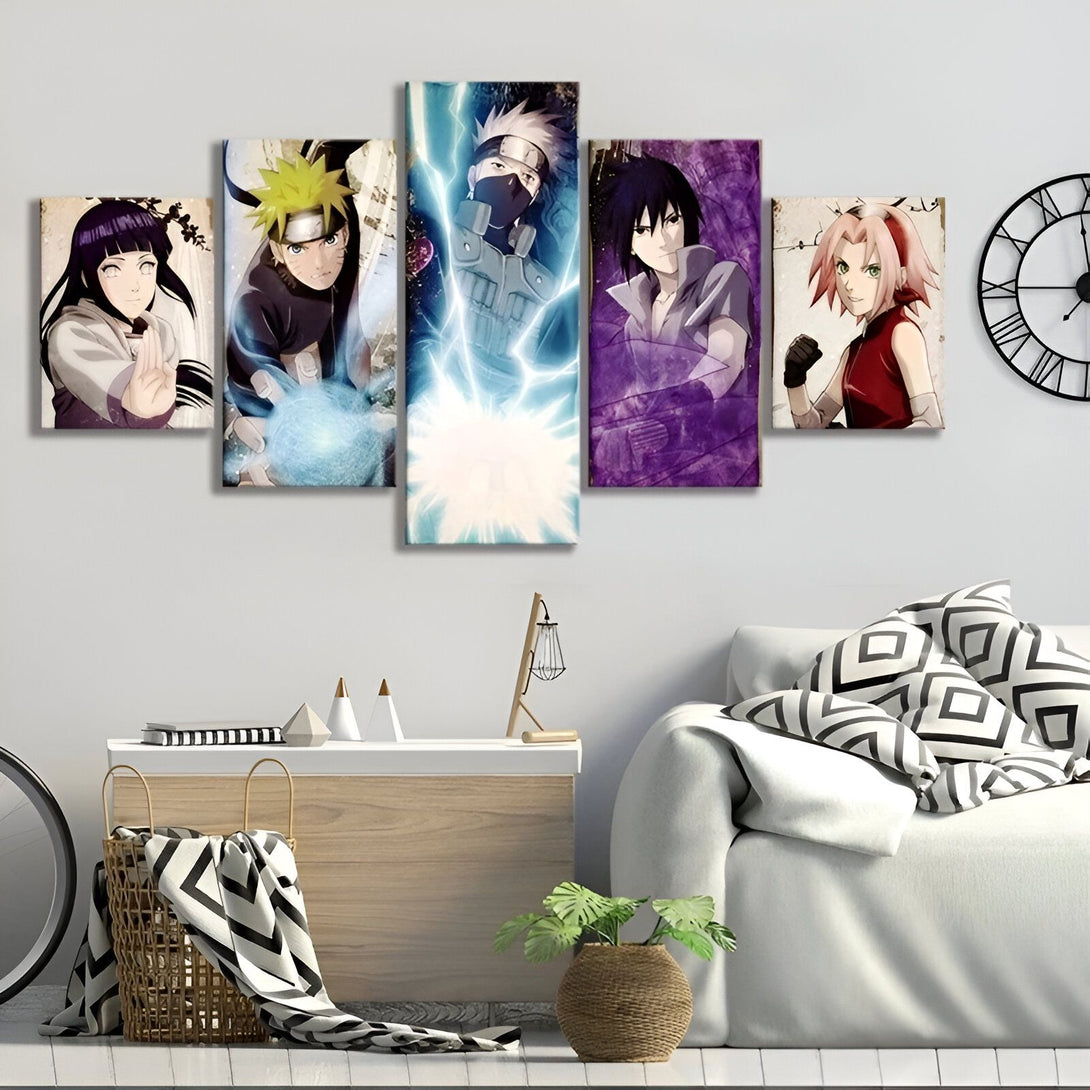 Ensemble de 5 toiles représentant les personnages de l'anime Naruto : Naruto Uzumaki, Sasuke Uchiha, Sakura Haruno, Kakashi Hatake et Hinata Hyuga.