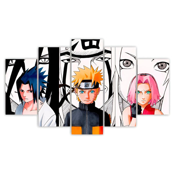 Ensemble de 5 toiles Naruto représentant les personnages principaux de l'anime : Naruto Uzumaki, Sasuke Uchiha, Sakura Haruno, Kakashi Hatake et Itachi Uchiha.
