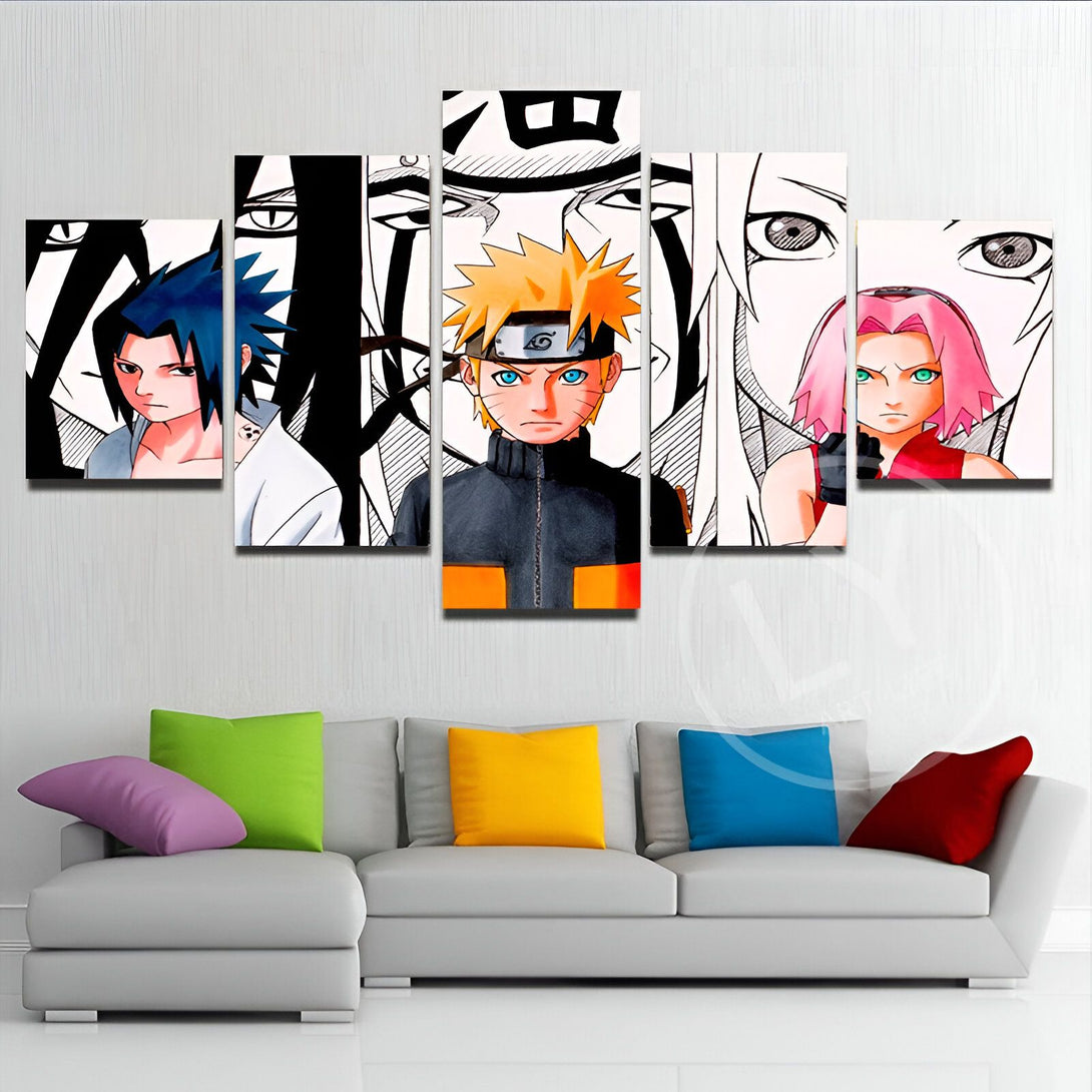 Toile murale Naruto en 5 panneaux avec les personnages principaux : Naruto, Sasuke, Sakura et Kakashi. Parfait pour les fans de l'anime !