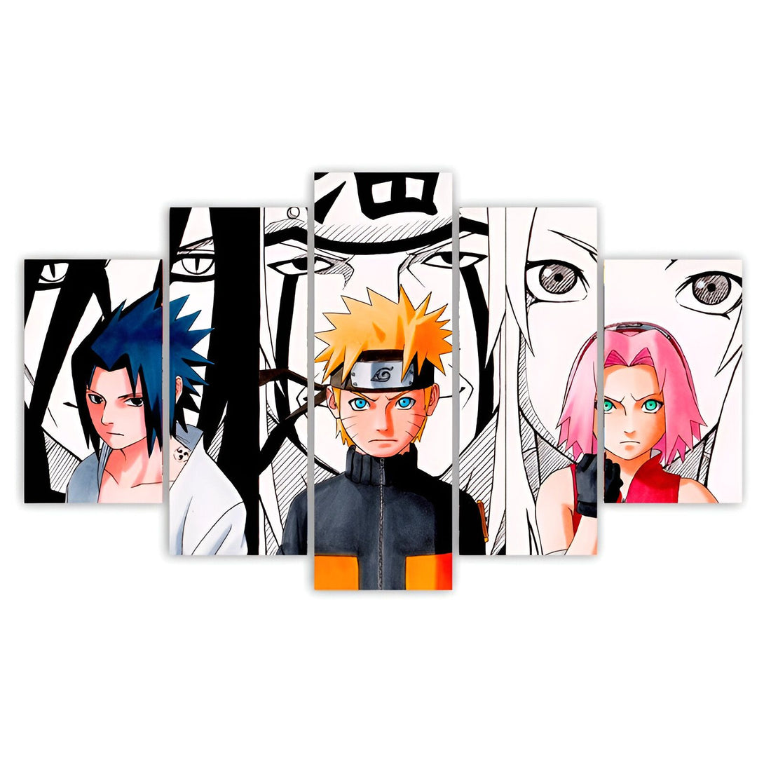 Ensemble de 5 toiles d'art Naruto représentant les personnages principaux de l'anime, notamment Naruto Uzumaki, Sasuke Uchiha, Sakura Haruno et Kakashi Hatake.