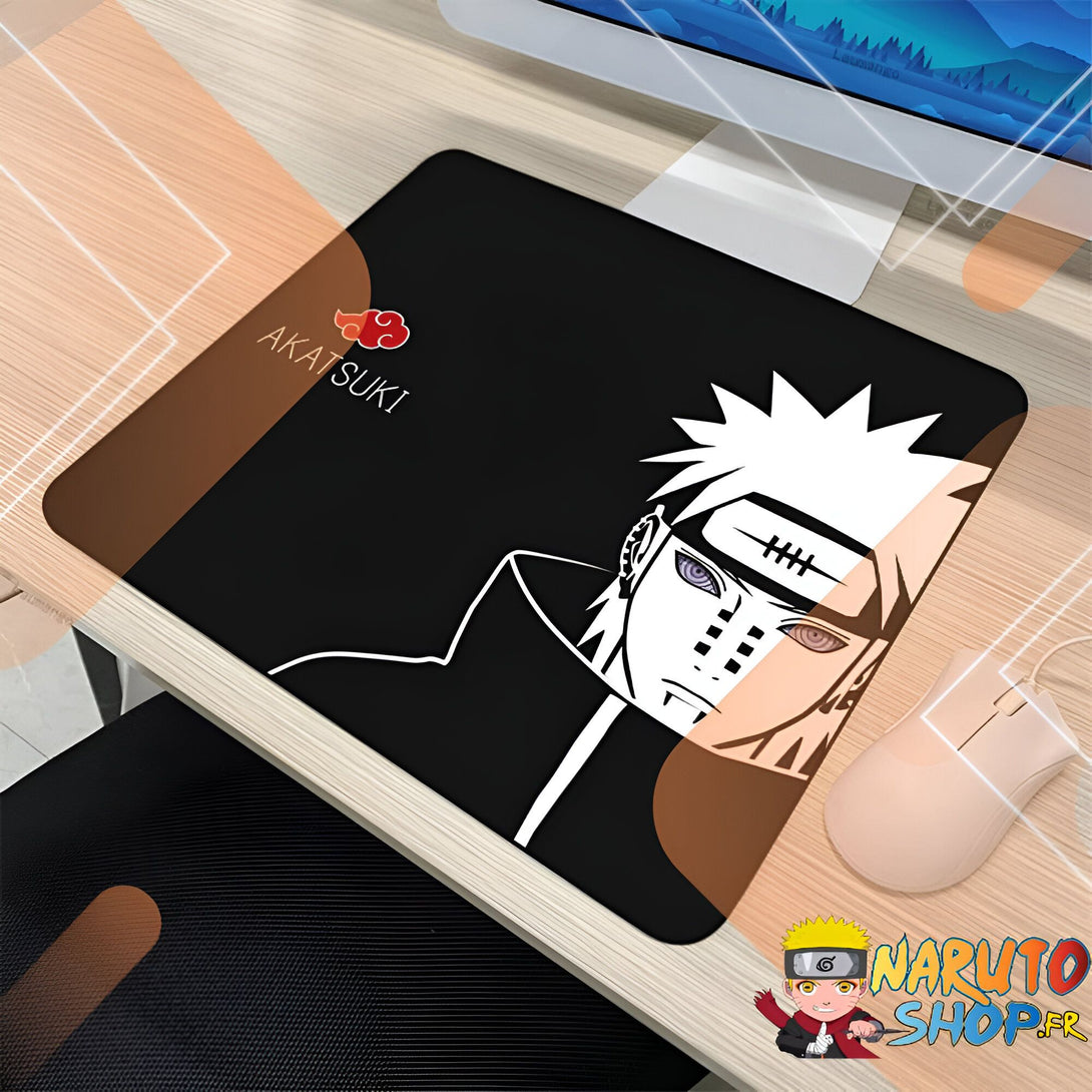 Un tapis de souris noir avec le logo d'Akatsuki et Pain, un personnage de l'anime Naruto.