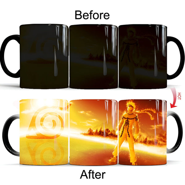 Tasse à changement de couleur Naruto. La tasse est noire lorsqu'elle est froide et révèle un design de Naruto et son symbole lorsqu'elle est remplie de boisson chaude.