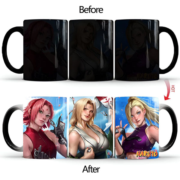 Mug magique Naruto avec trois personnages féminins : Sakura, Tsunade et Ino. La tasse est noire et montre les personnages en couleur lorsqu'elle est remplie d'une boisson chaude.
