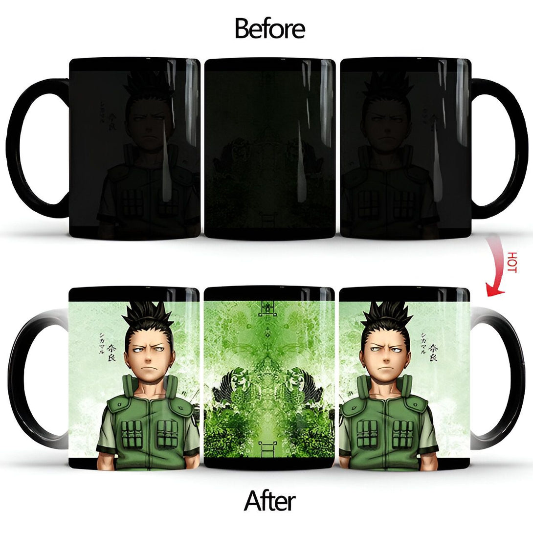Tasse à café magique Naruto Shikamaru avec changement de couleur. La tasse est noire à froid et révèle une image de Shikamaru, un personnage de l'anime Naruto, lorsqu'elle est remplie d'une boisson chaude.