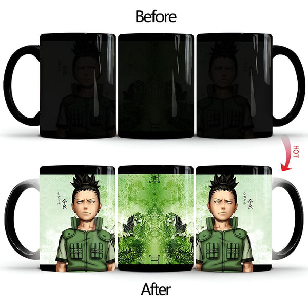 Tasse à café magique Naruto Shikamaru avec changement de couleur. La tasse est noire à froid et révèle une image de Shikamaru, un personnage de l'anime Naruto, lorsqu'elle est remplie d'une boisson chaude.
