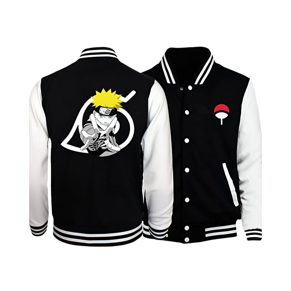Blouson noir et blanc avec des manches blanches et un design de Naruto Uzumaki avec le symbole du village caché de Konoha sur le dos. L'autre côté du blouson présente le symbole de l'Akatsuki.