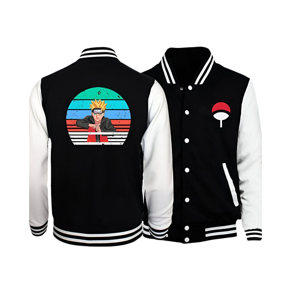 Veste de baseball noire et blanche avec un design rétro de Naruto sur le dos et le symbole Sharingan sur la poitrine.
