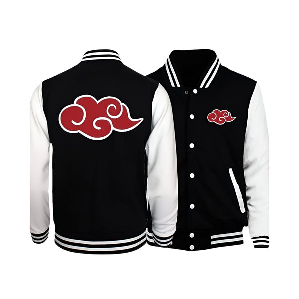 Veste de baseball noire et blanche avec le logo rouge du nuage de l'Akatsuki, un groupe de ninjas de l'anime Naruto.