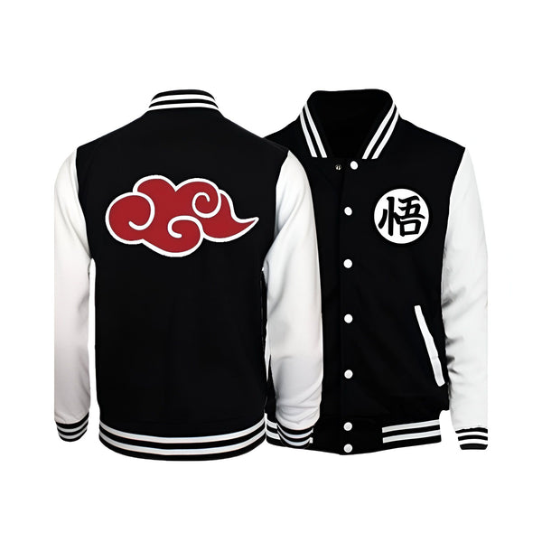 Veste de baseball noire et blanche avec un nuage rouge sur le dos et un kanji noir dans un cercle sur la poitrine, inspirée de l'anime Naruto.