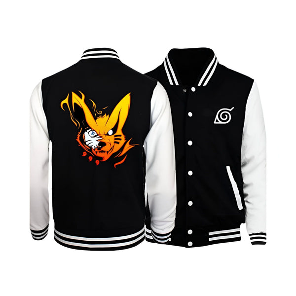 Veste de baseball Naruto avec le visage du démon renard à neuf queues Kurama au dos et le symbole du village caché de Konoha sur la poitrine.