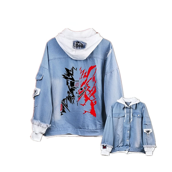 Veste en jean bleu avec une capuche blanche, représentant Naruto avec Kurama sur le dos. La veste est légèrement déchirée et a des poches sur le côté.