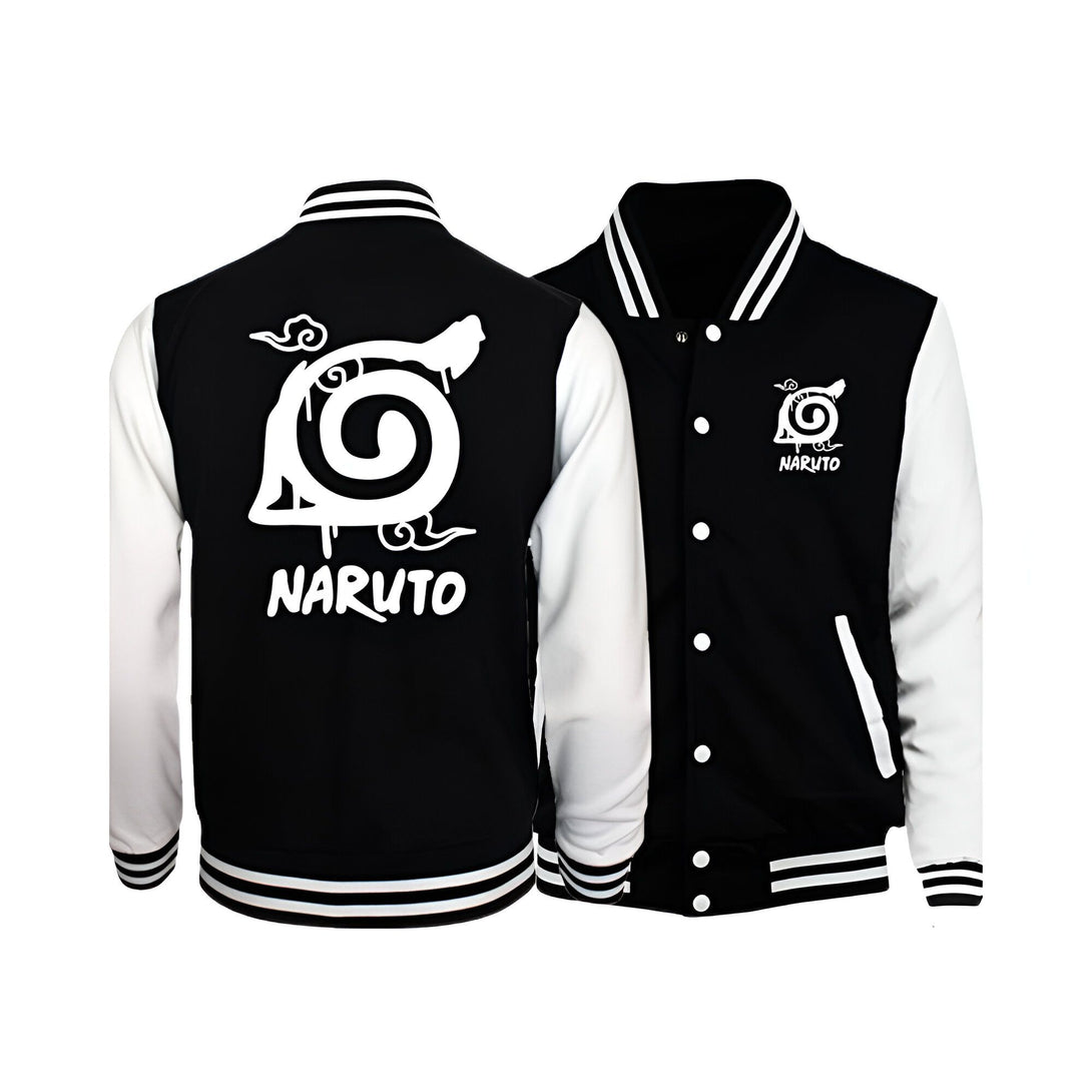 Blouson noir et blanc de style baseball avec le logo de Naruto et le mot "Naruto" écrit en blanc sur le dos.  La manche gauche est blanche, la manche droite est noire.