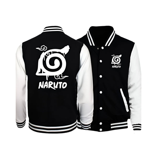 Blouson noir et blanc de style baseball avec le logo de Naruto et le mot "Naruto" écrit en blanc sur le dos.  La manche gauche est blanche, la manche droite est noire.