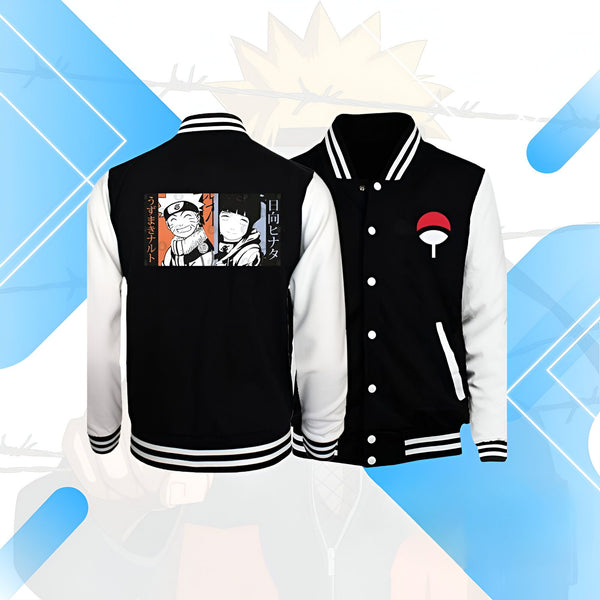 Veste de baseball noire et blanche avec des motifs de Naruto, Sasuke et Hinata sur le dos et le symbole de Sharingan sur la poitrine.