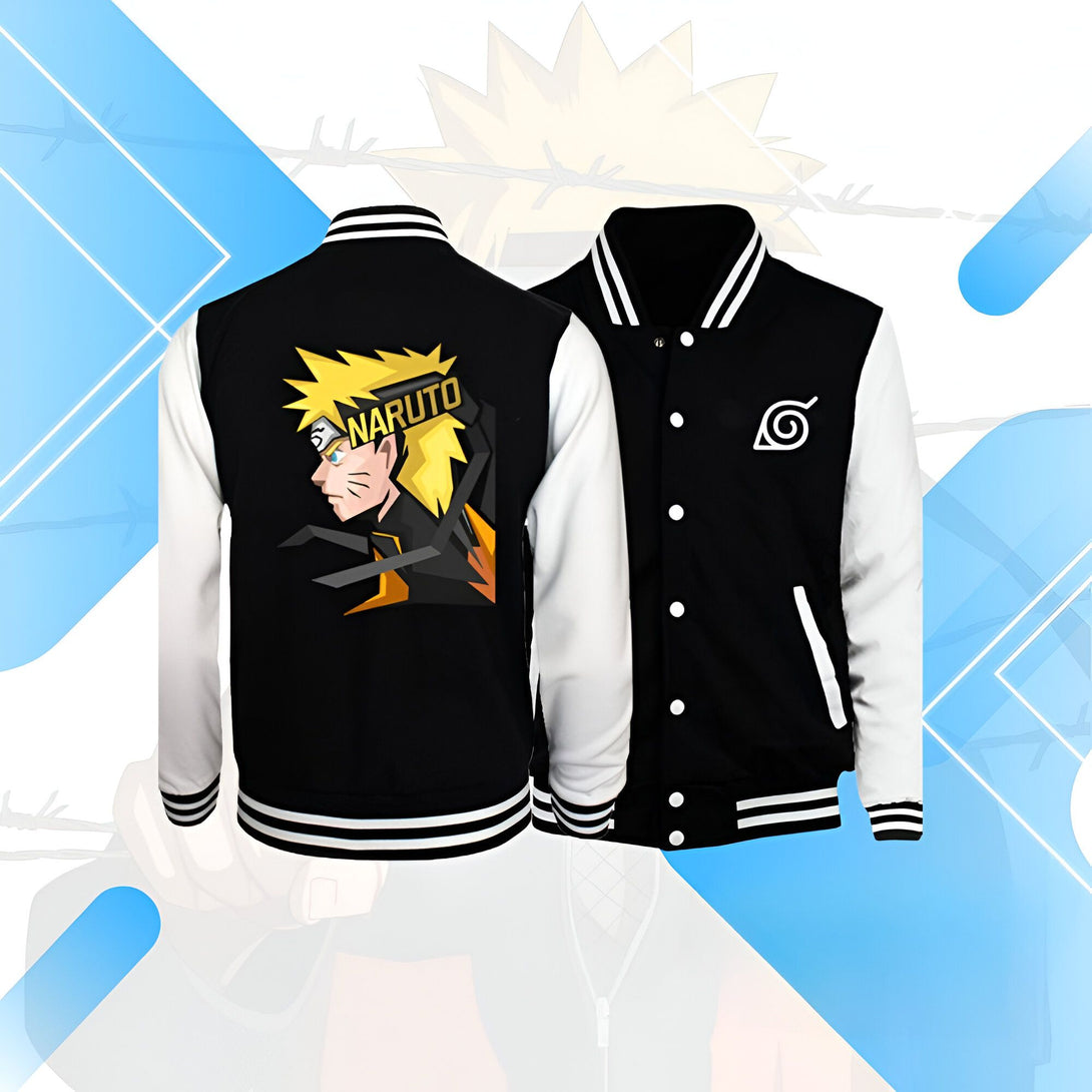 Veste de baseball noire et blanche avec le logo de Naruto sur le dos et le symbole du village de Konoha sur la poitrine.
