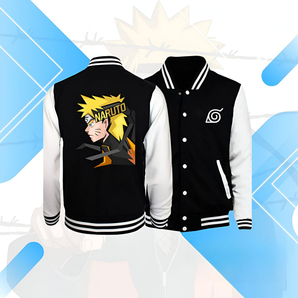 Veste de baseball noire et blanche avec le logo de Naruto sur le dos et le symbole du village de Konoha sur la poitrine.